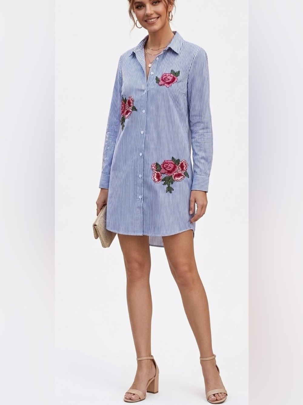 Striped Blue Mini Shirt Dress with Pink Rose Appliqué